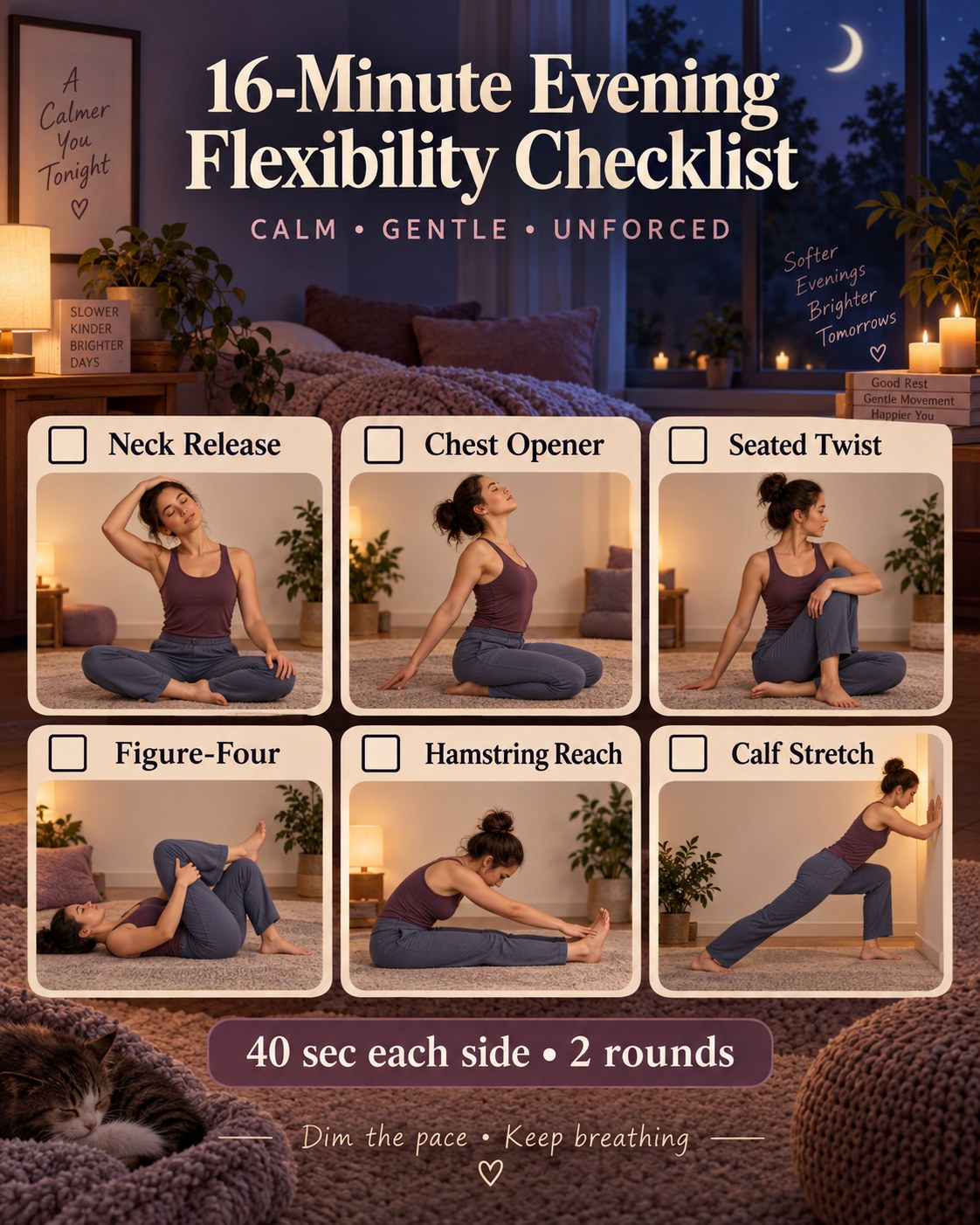 16-minute evening flexibility checklist with six calm beginner stretches