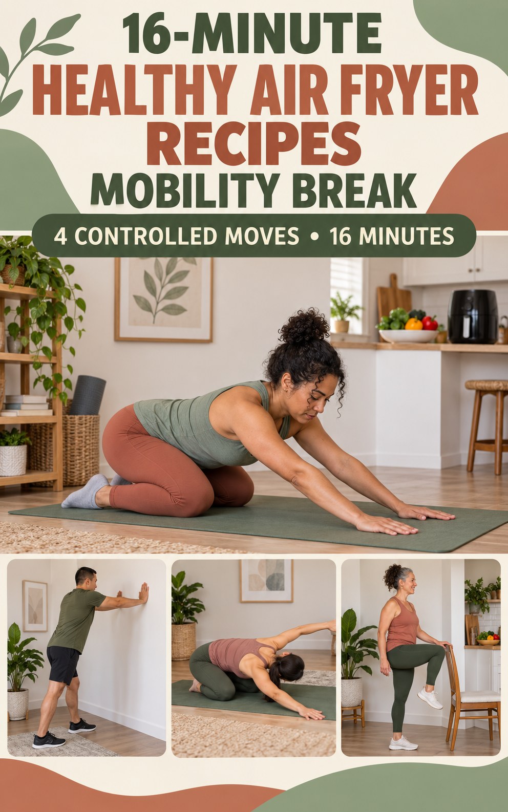Adult demonstrating quadruped hip rock-backs in a 16-minute healthy air fryer recipes mobility break infographic.