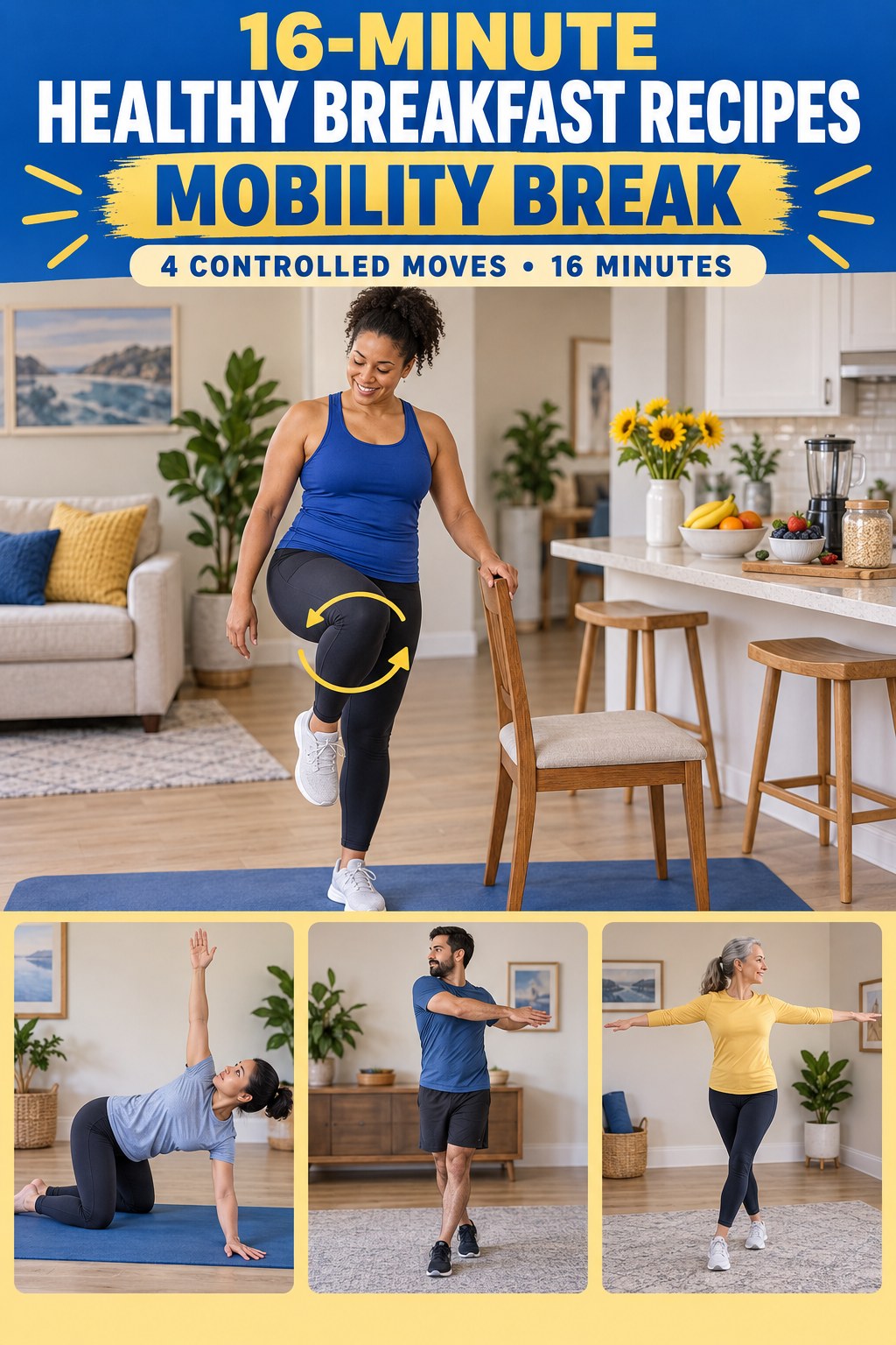 Adult demonstrating chair-assisted knee circles in a 16-minute healthy breakfast recipes mobility break infographic.