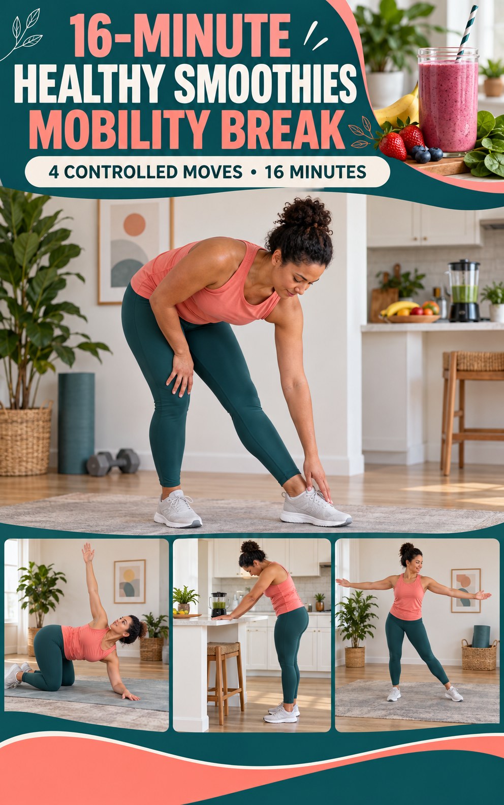 Adult demonstrating standing hamstring scoops in a 16-minute healthy smoothies mobility break infographic.
