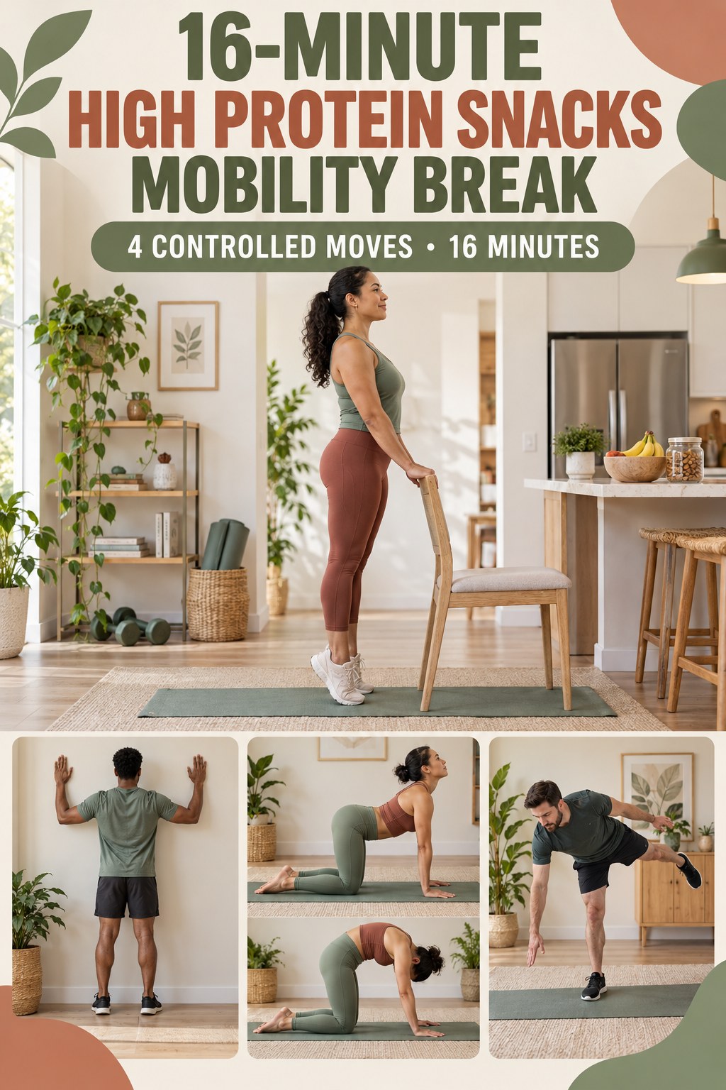 Adult demonstrating toe raises and calf raises in a 16-minute high protein snacks mobility break infographic.