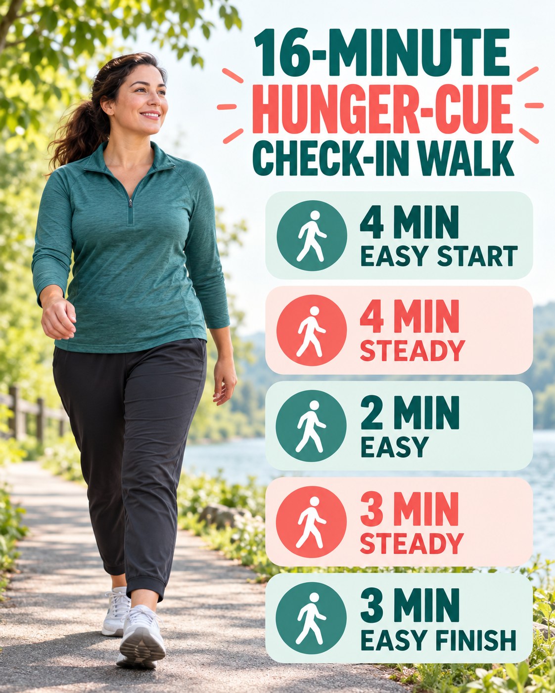 16-minute hunger-cue check-in walking routine with steady blocks and easy recovery