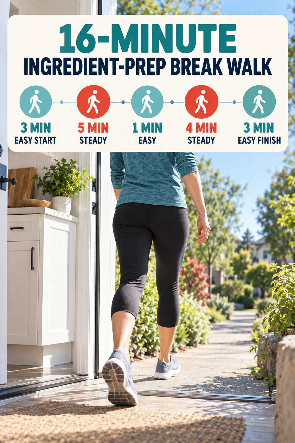 16-minute ingredient-prep break walking routine with two steady blocks and easy recovery