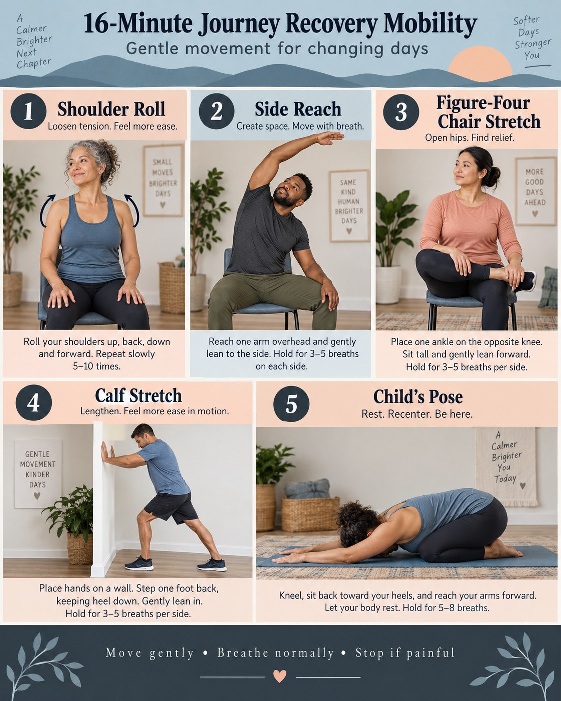 Five-step journey recovery mobility routine with shoulder roll, side reach, chair figure-four, calf stretch, and child pose