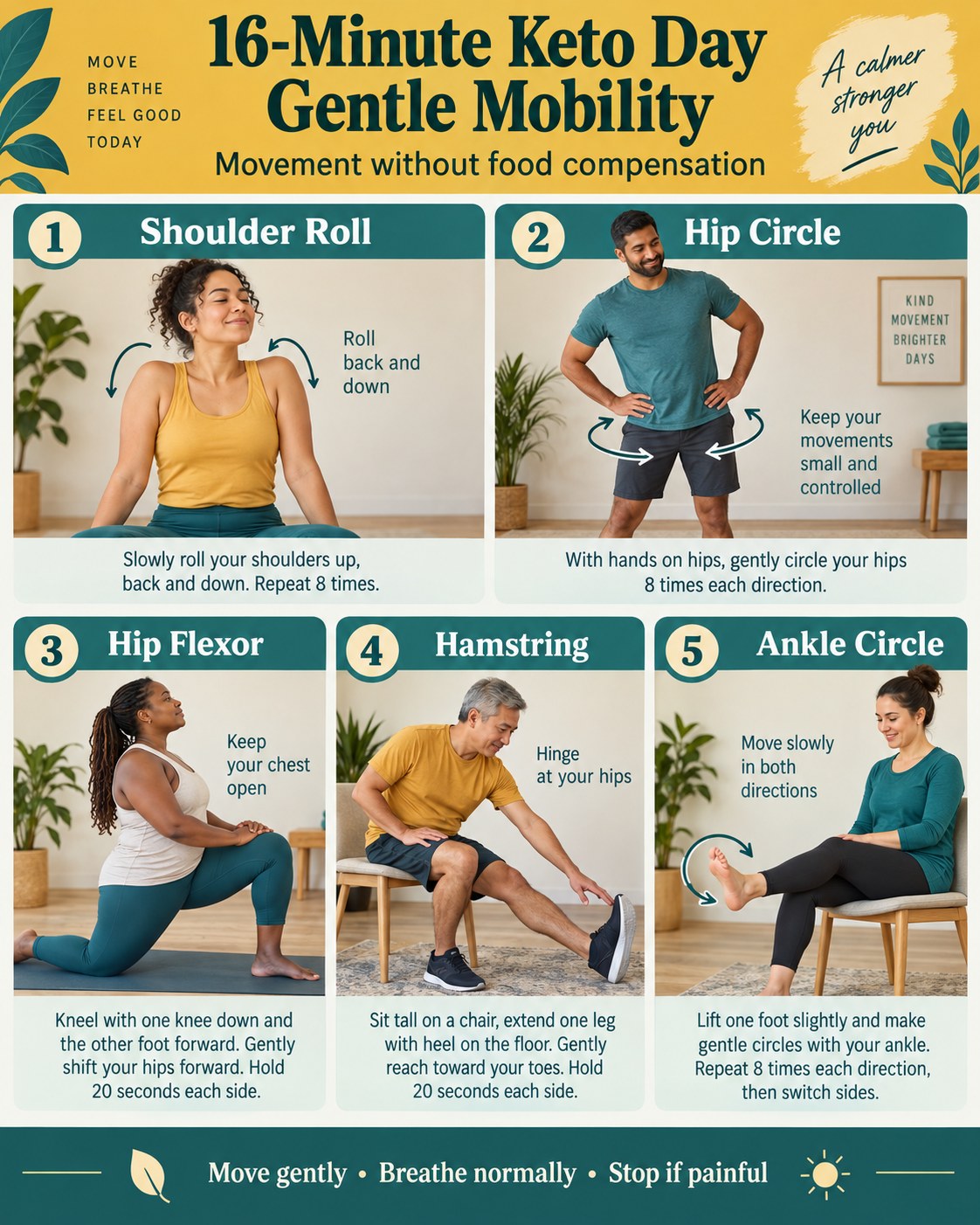16-Minute Keto Day Gentle Mobility infographic demonstrating shoulder rolls, hip circles, hip flexor, hamstring, ankle circles
