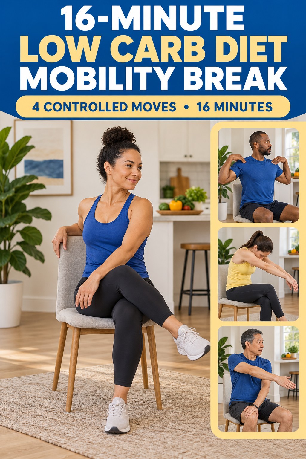Adult demonstrating seated hip rotations in a 16-minute low carb diet mobility break infographic.