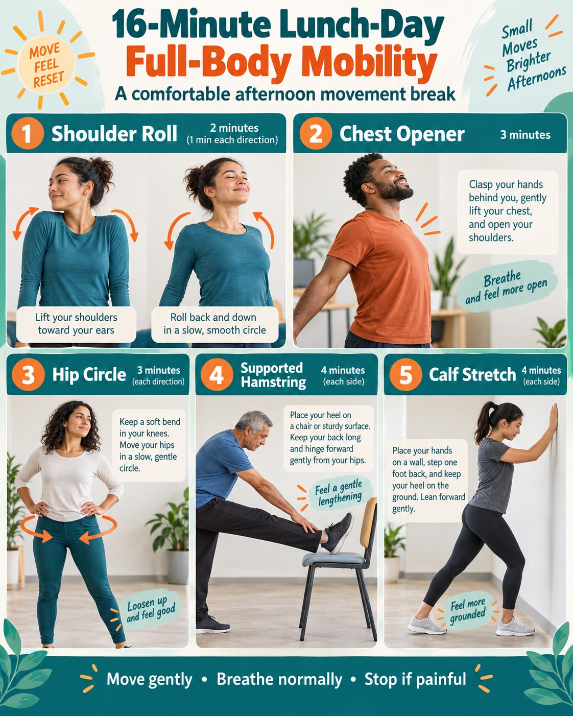 16-Minute Lunch-Day Full-Body Mobility infographic demonstrating shoulder rolls, chest opener, hip circles, supported hamstring, calf stretch