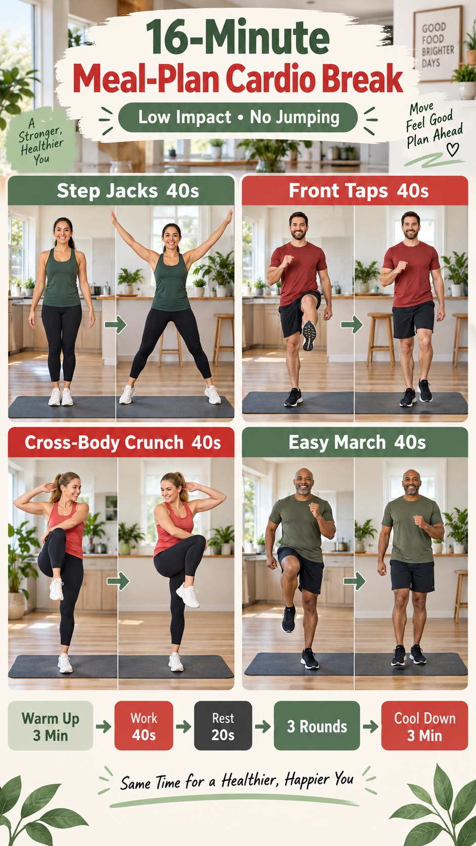 Low-impact meal-plan cardio break infographic showing step jacks, front taps, cross-body crunches, and easy marching.