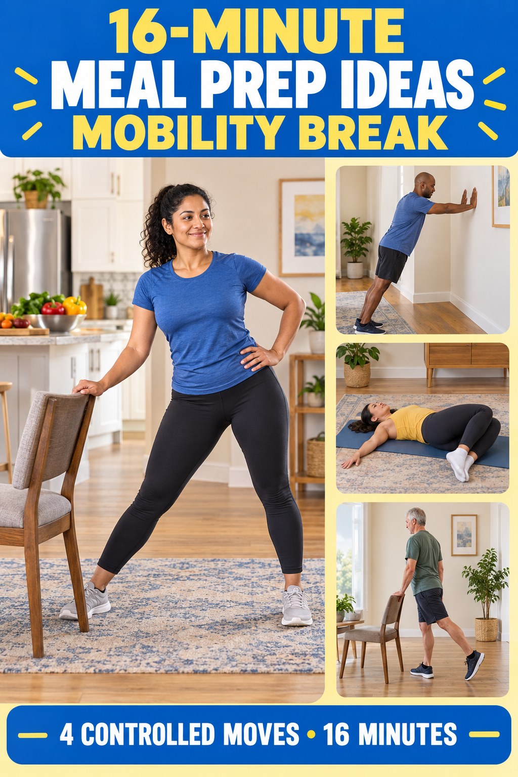 Adult demonstrating supported lateral weight shifts in a 16-minute meal prep ideas mobility break infographic.