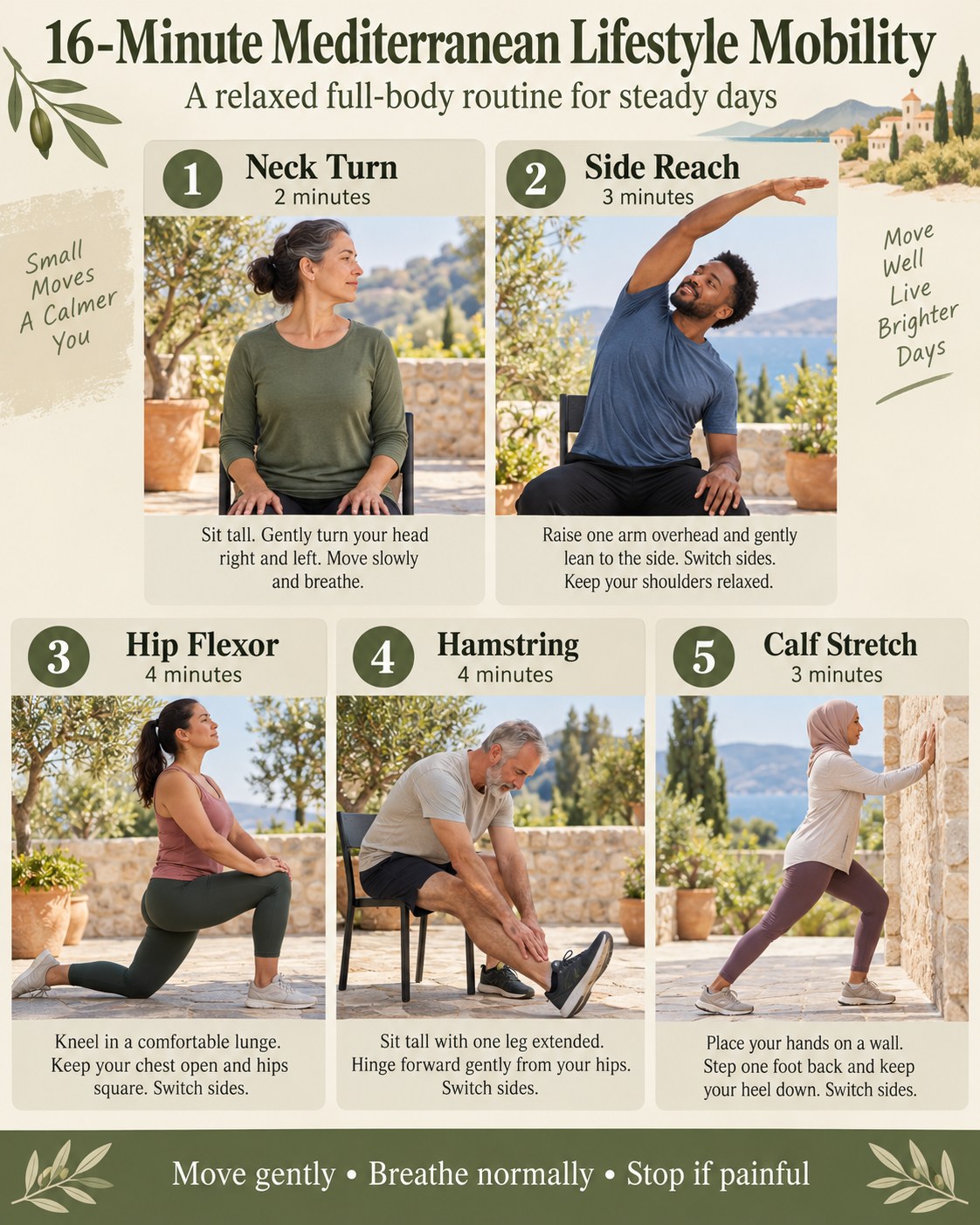 16-Minute Mediterranean Lifestyle Mobility infographic demonstrating neck turn, side reach, hip flexor, hamstring, calf stretch