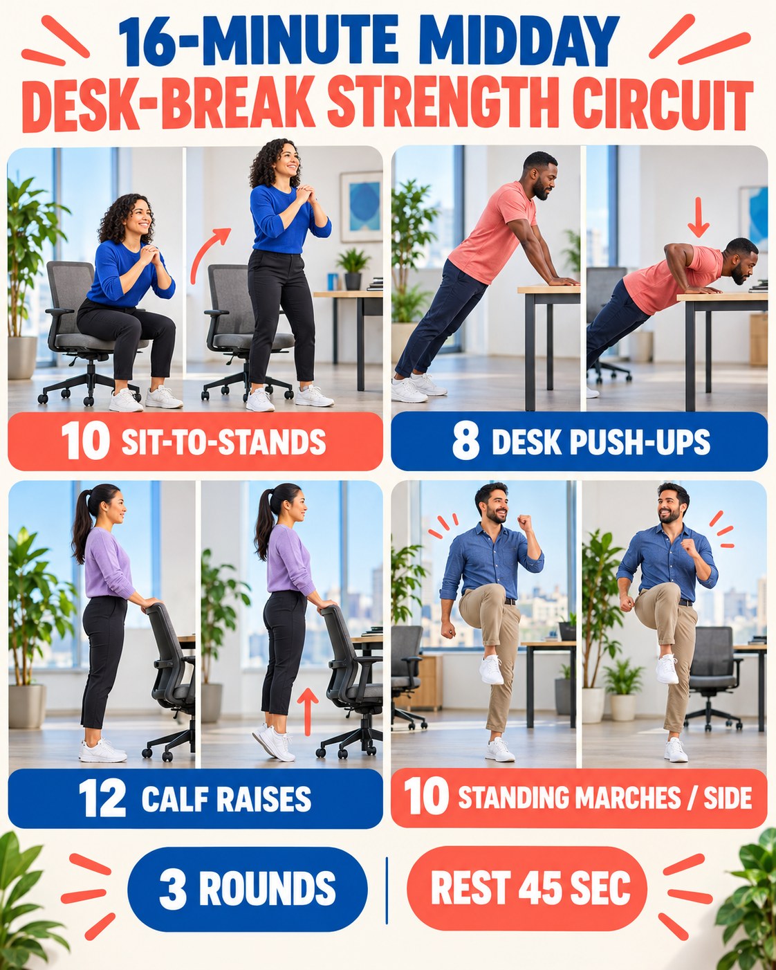 16-minute midday desk-break strength circuit with four illustrated exercises