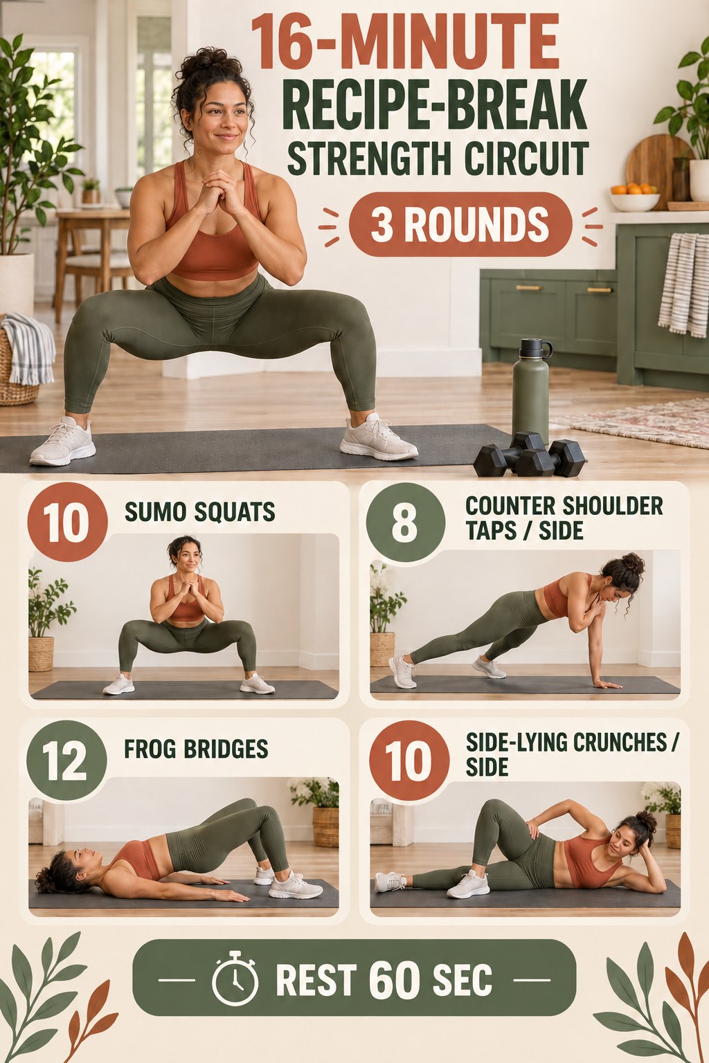 Woman performing a sumo squat beside a 16-minute recipe-break strength circuit infographic.