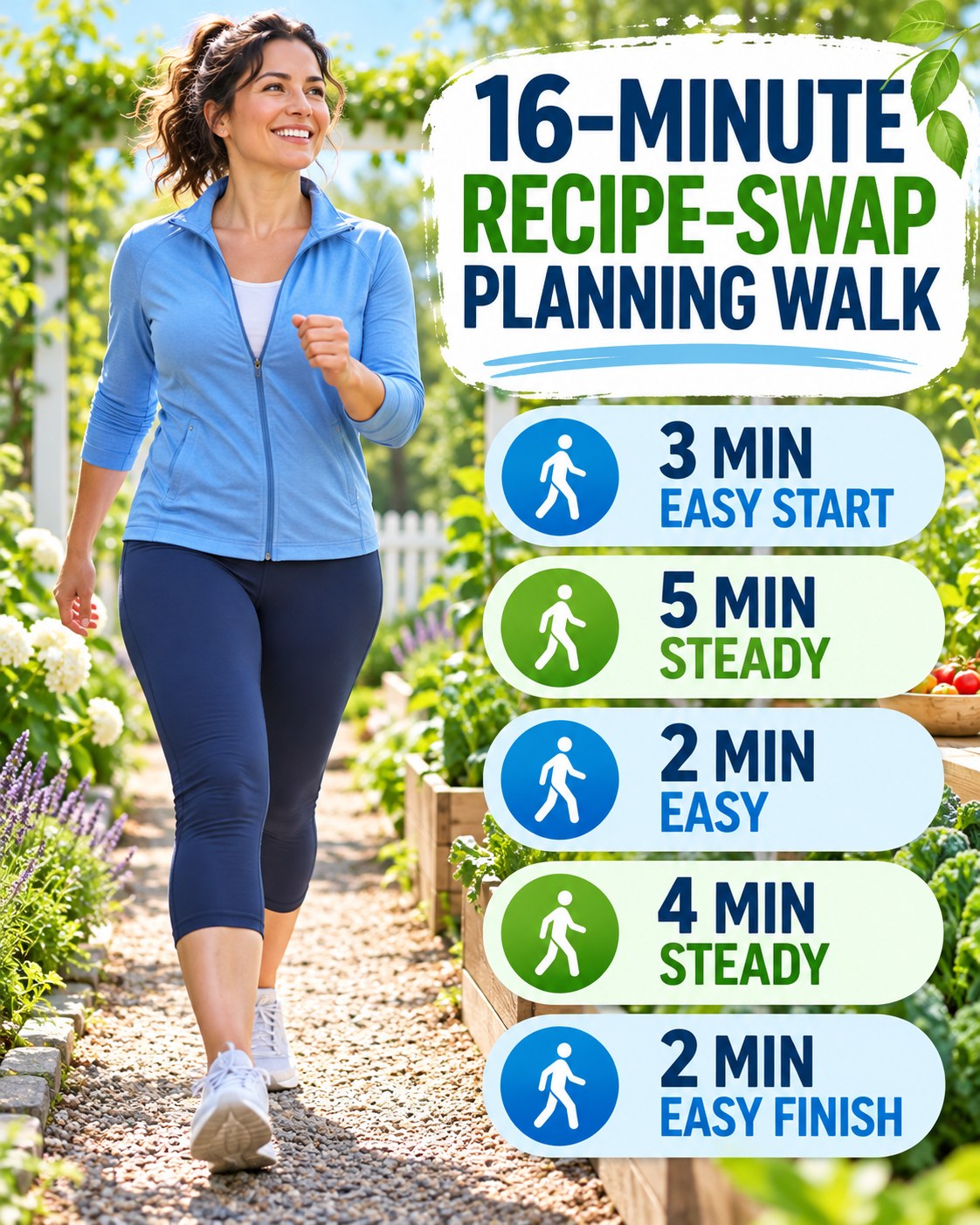 16-minute recipe-swap planning walking routine with two steady blocks and easy recovery