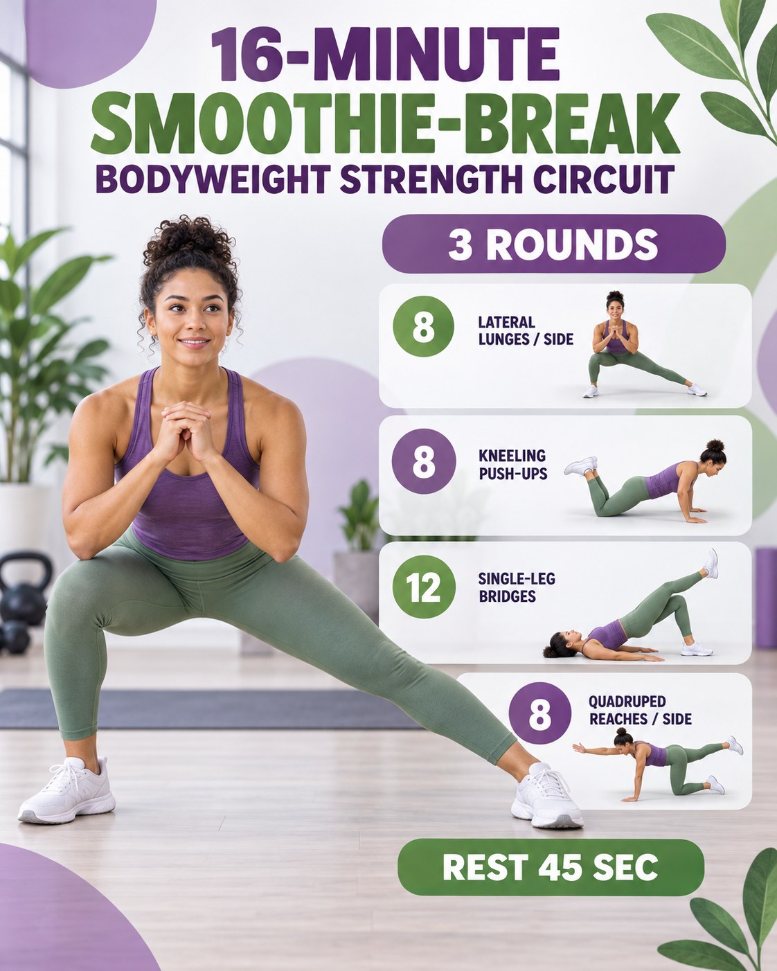 Woman doing a lateral lunge beside a 16-minute smoothie-break bodyweight strength circuit infographic.