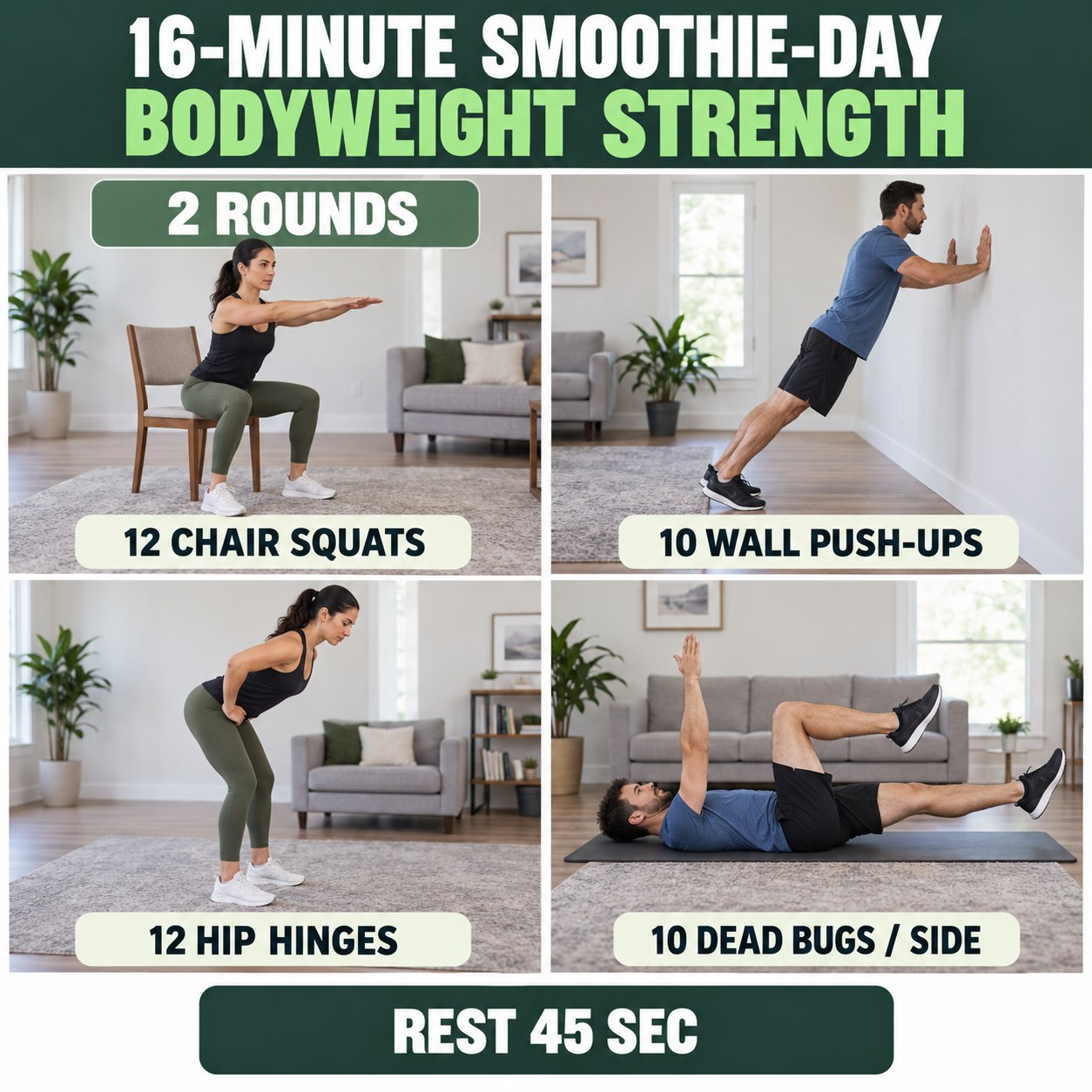 Smoothie-day bodyweight strength with chair squats, wall push-ups, hip hinges, and dead bugs
