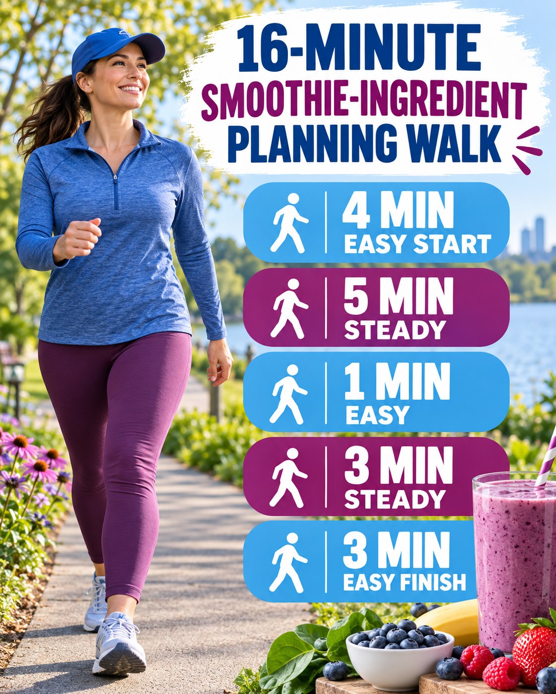 16-minute smoothie-ingredient planning walking routine with two steady blocks and easy recovery