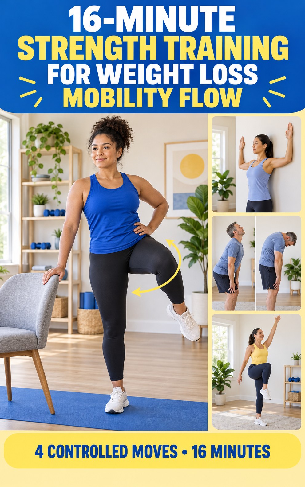Adult demonstrating supported hip circles in a 16-minute strength training for weight loss mobility flow infographic.
