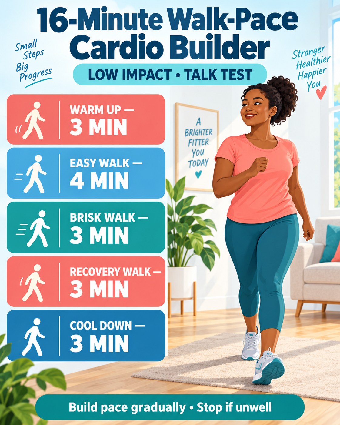 16-minute walk-pace cardio builder infographic with easy, brisk, recovery, and cool-down stages