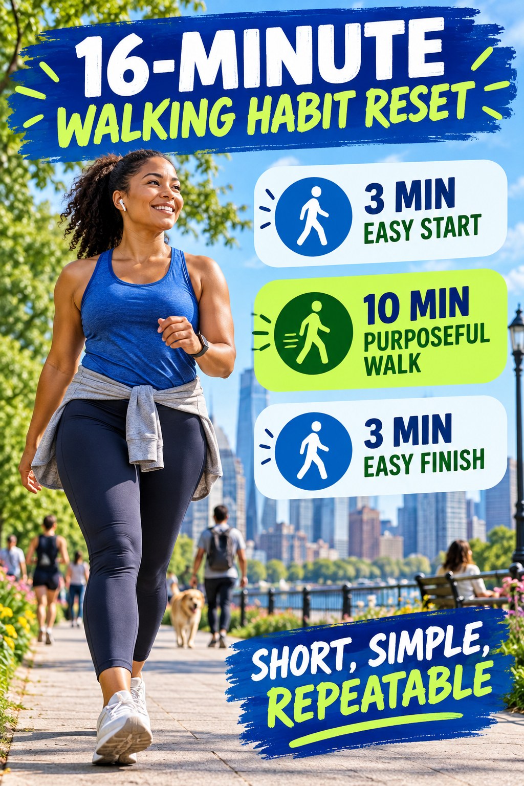 Adult walking in an urban park beside a 16-minute habit reset with easy start, purposeful walk, and easy finish.