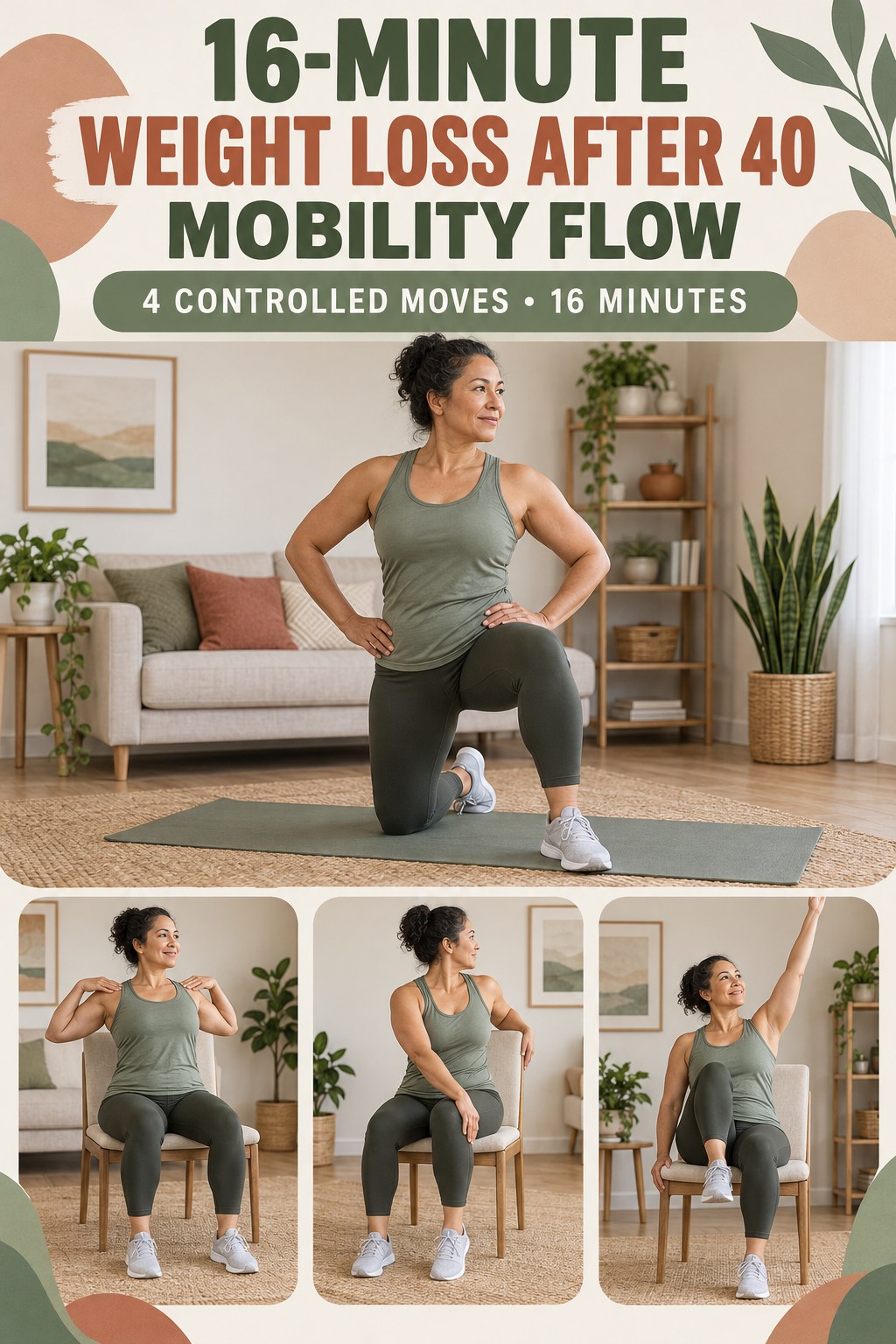 Adult demonstrating half-kneeling hip shifts in a 16-minute weight loss after 40 mobility flow infographic.