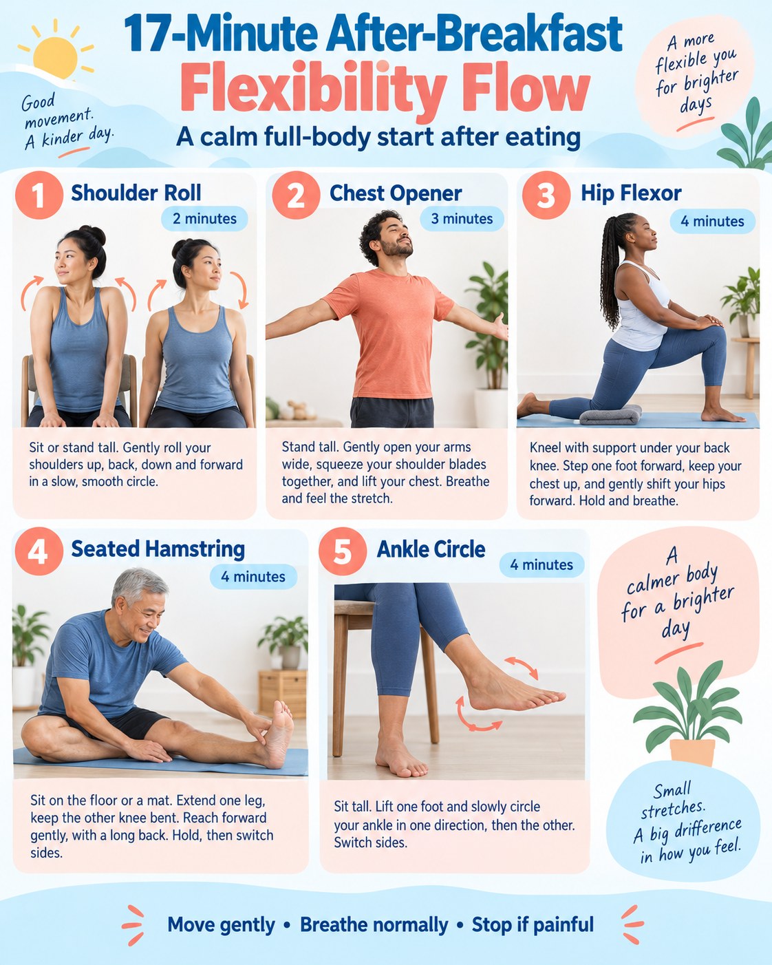 17-Minute After-Breakfast Flexibility Flow infographic demonstrating shoulder rolls, chest opener, hip flexor, seated hamstring, and ankle circles