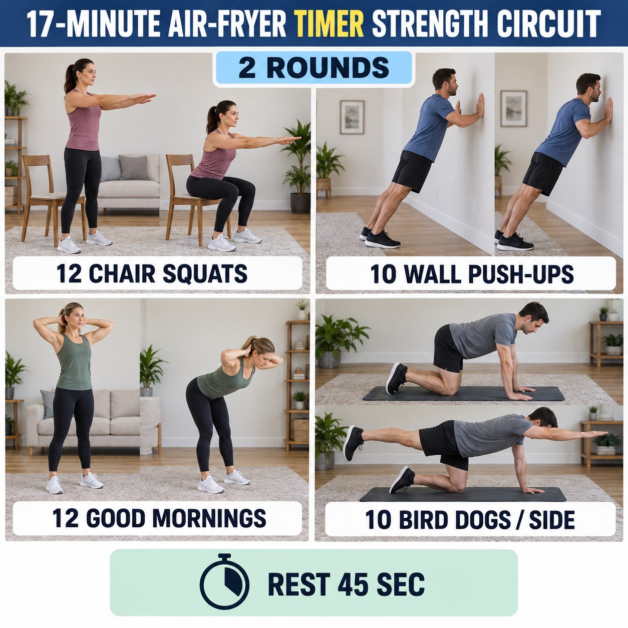 Air-fryer timer strength circuit with chair squats, wall push-ups, good mornings, and bird dogs