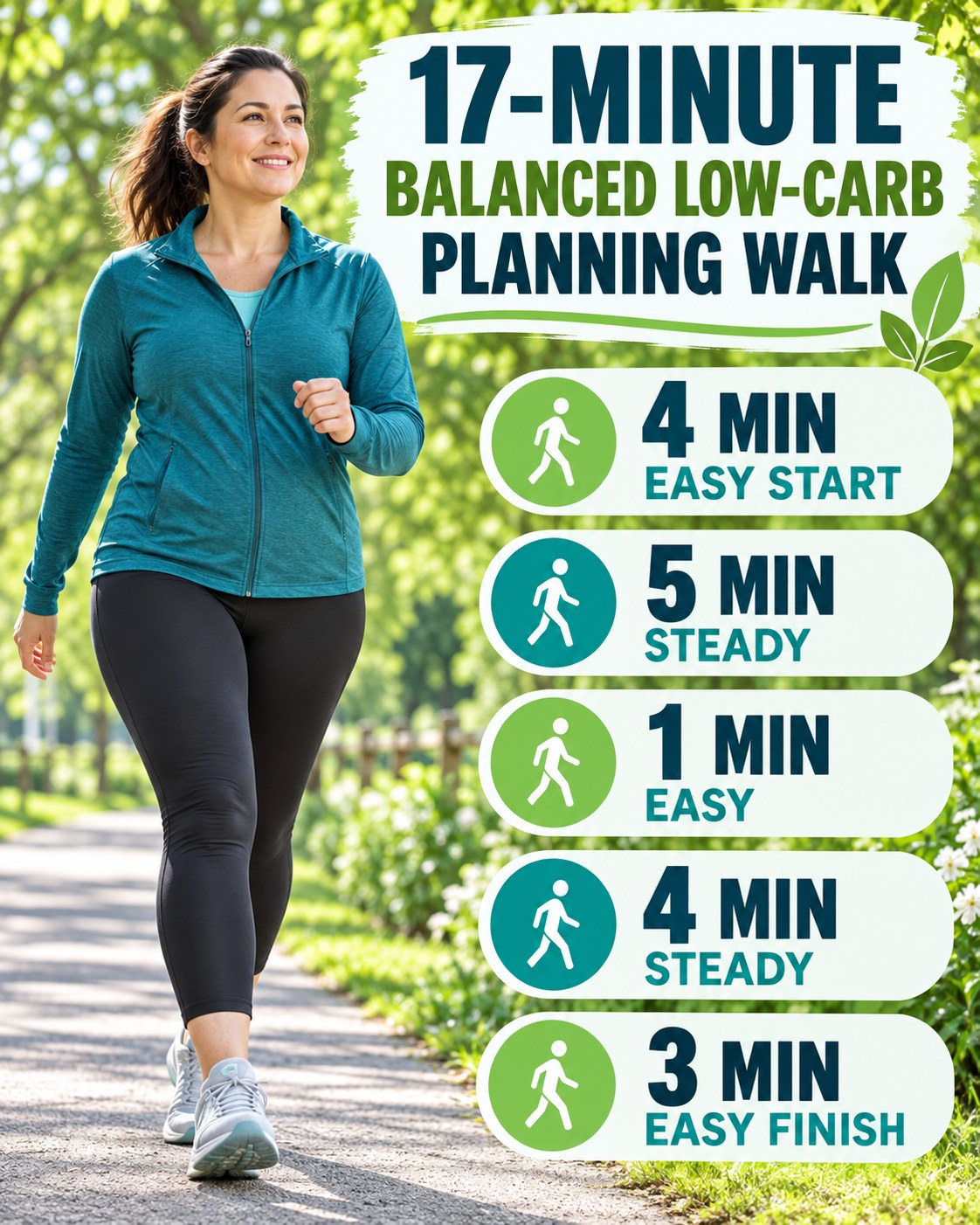 17-minute balanced low-carb planning walking routine with two steady blocks and easy recovery