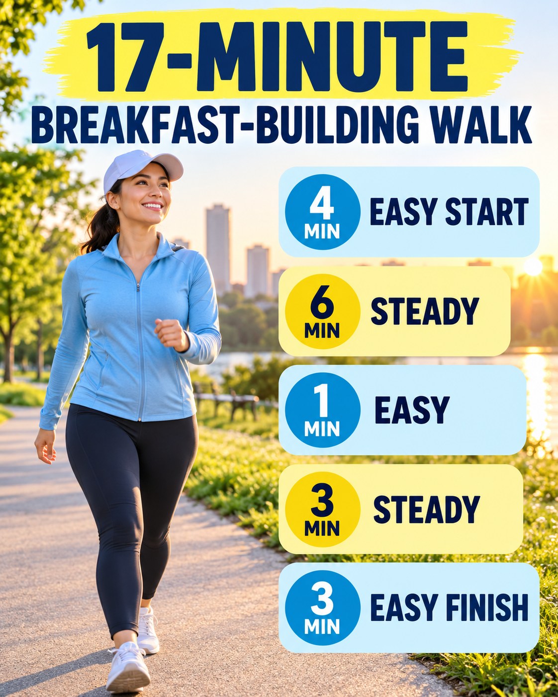 17-minute breakfast-building walking routine with two steady blocks and easy recovery