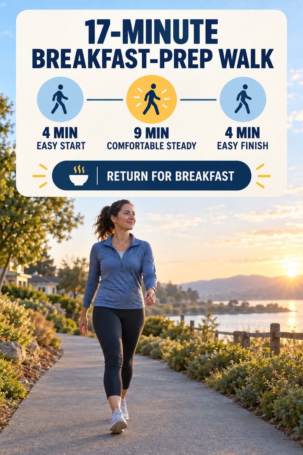 17-minute breakfast-prep morning walking routine with easy start, comfortable middle and easy finish