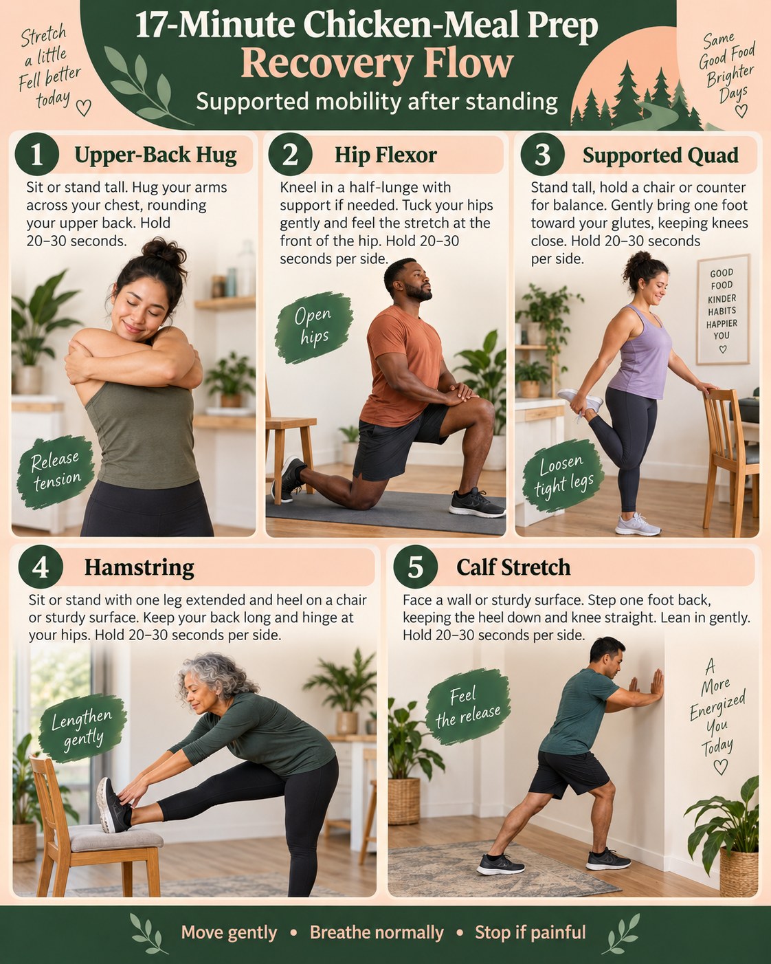 17-Minute Chicken-Meal Prep Recovery Flow infographic demonstrating upper-back hug, hip flexor, supported quadriceps, hamstring, calf stretch