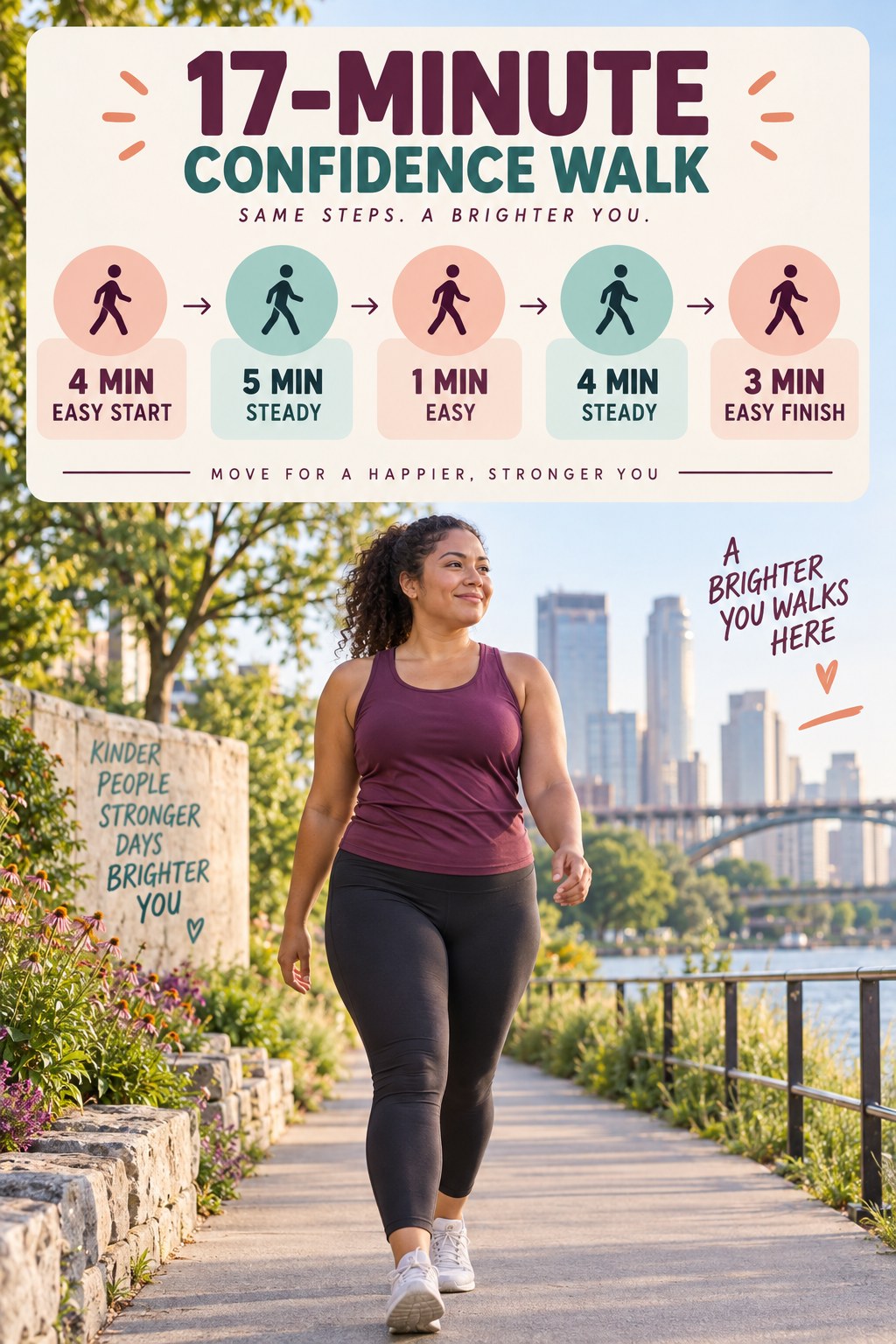 17-minute confidence-building walking routine for women with two steady blocks and an easy finish