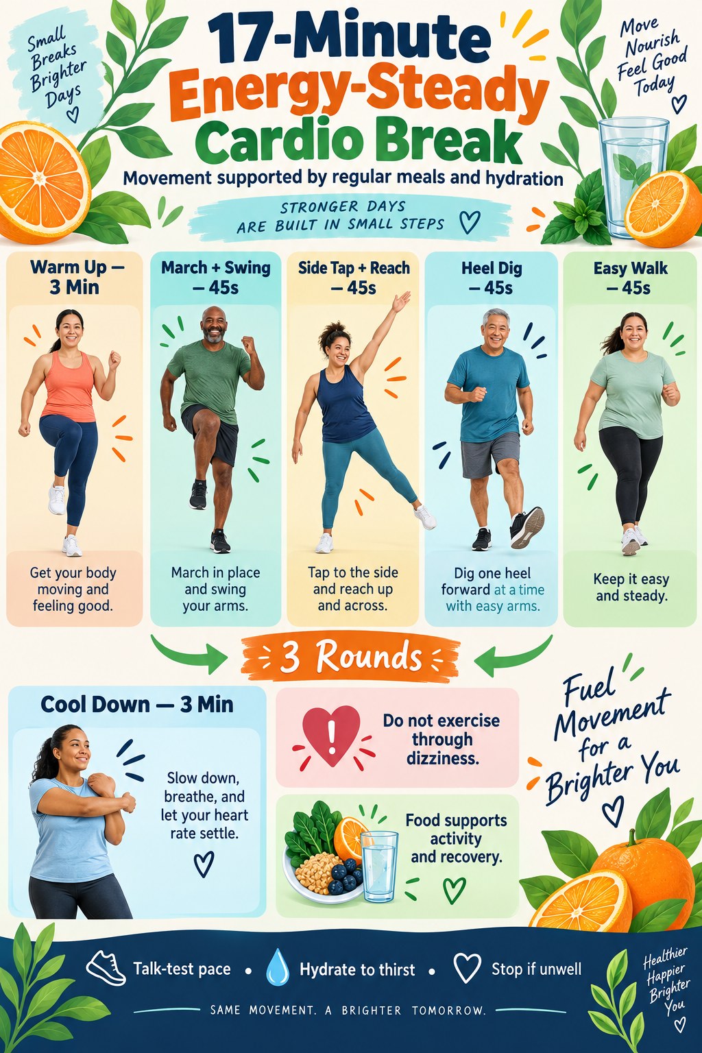 Energy-steady cardio infographic showing marching with arm swings, side taps with reaches, heel digs, easy walking, three rounds, and nutrition reminders.