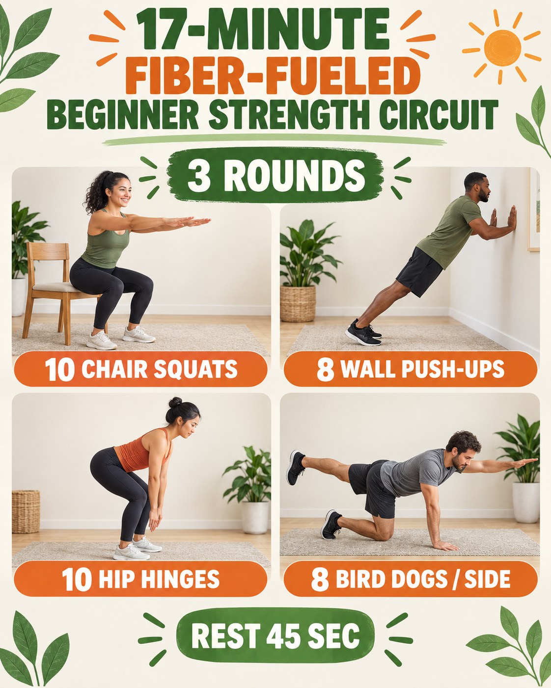 17-minute fiber-fueled beginner strength circuit with four illustrated exercises