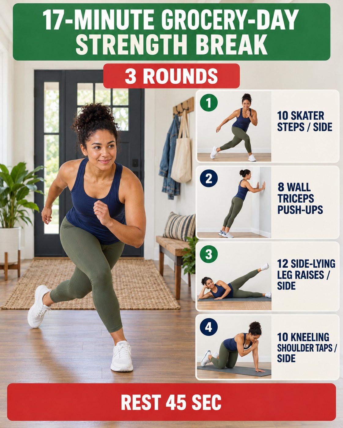 Woman doing a no-jump skater step beside a 17-minute grocery-day strength break infographic.