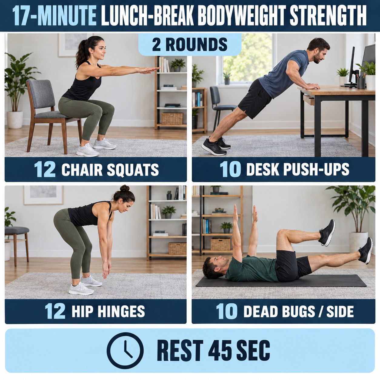 Lunch-break bodyweight strength session with chair squats, desk push-ups, hip hinges, and dead bugs