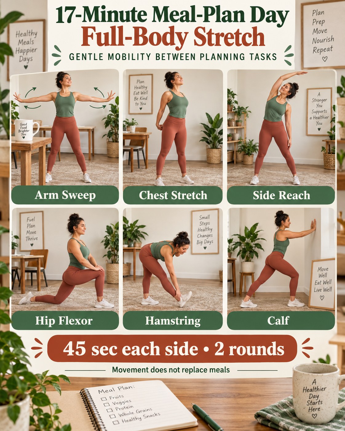 17-minute meal-plan day full-body stretch infographic with six gentle movements