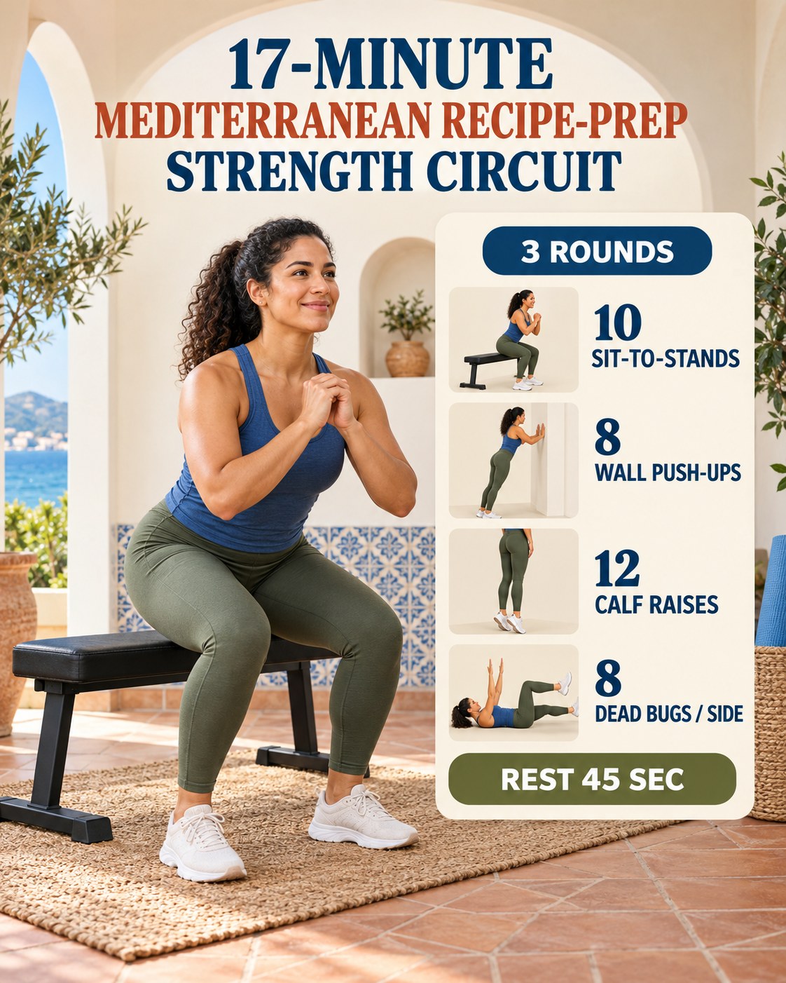 Woman doing a sit-to-stand beside a 17-minute Mediterranean recipe-prep strength circuit infographic.