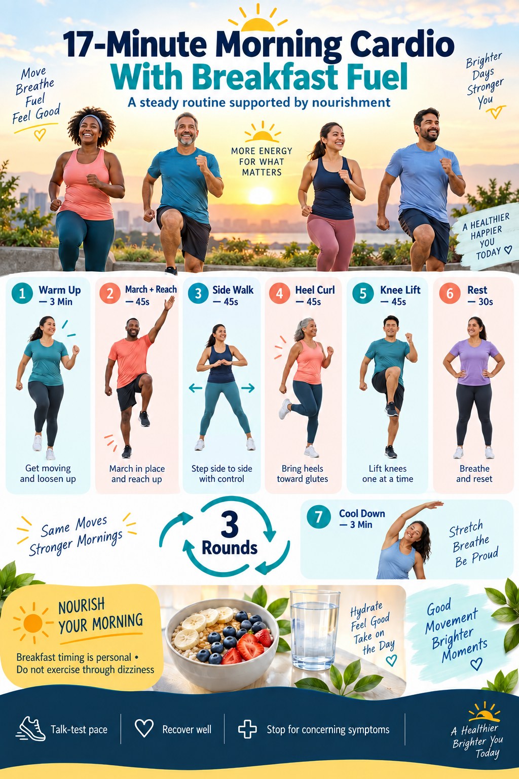 Morning cardio with breakfast fuel infographic showing marching with reaches, side walking, heel curls, knee lifts, rest, three rounds, and nourishment guidance.