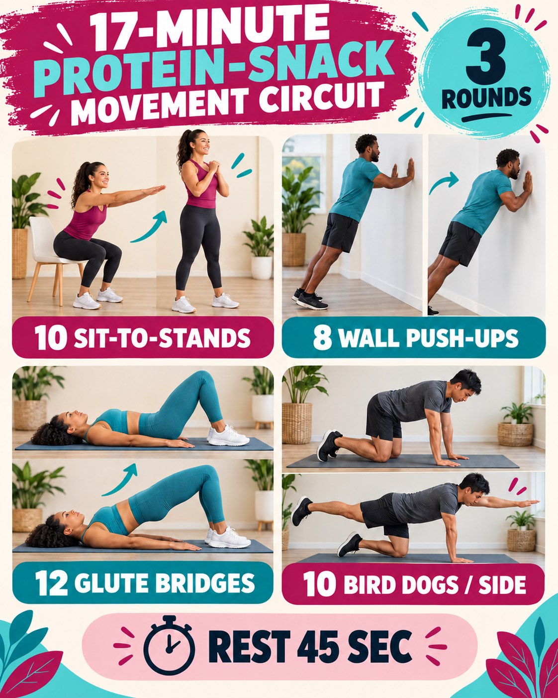 17-minute protein-snack movement circuit with four illustrated bodyweight exercises