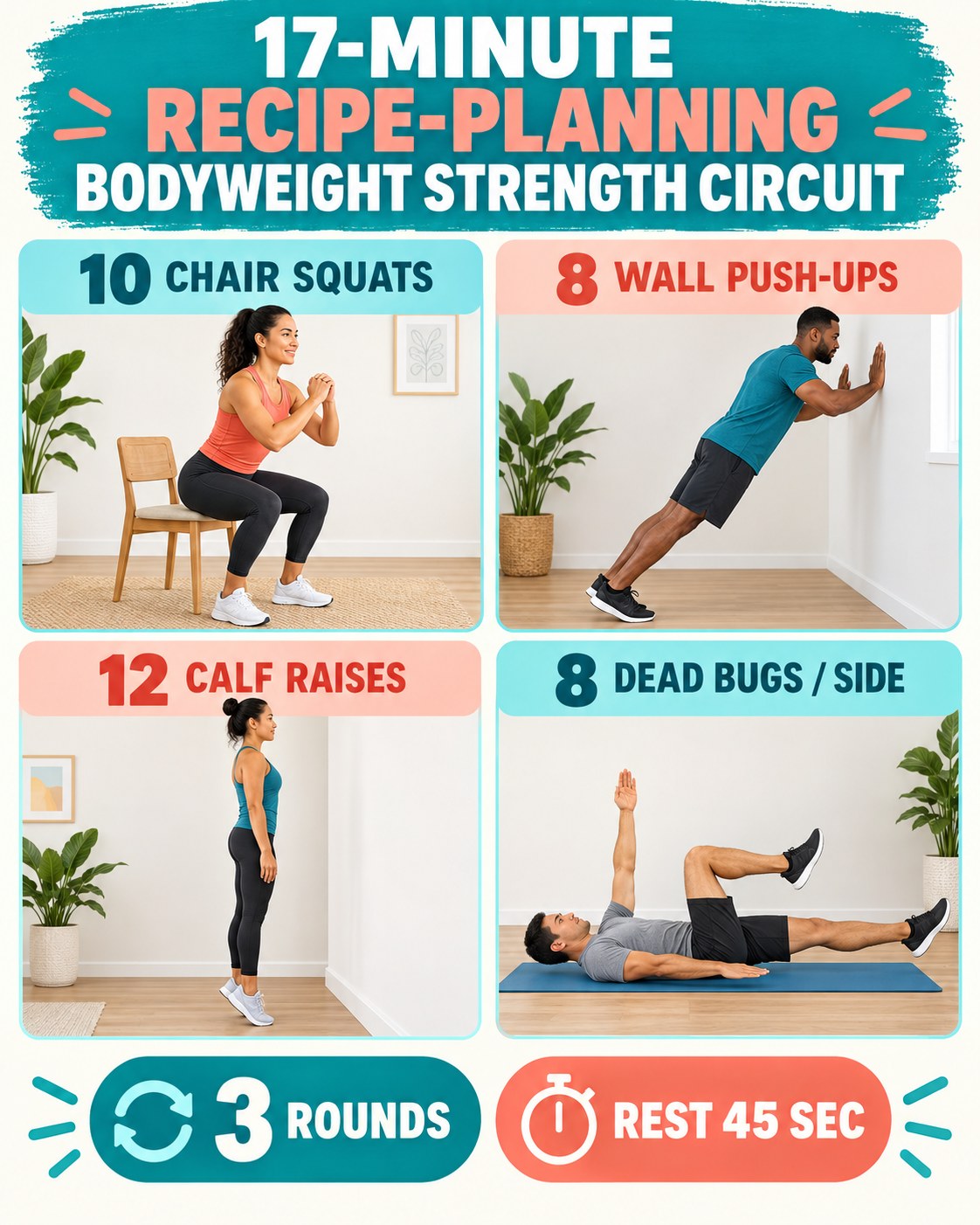 17-minute recipe-planning bodyweight strength circuit with four illustrated exercises