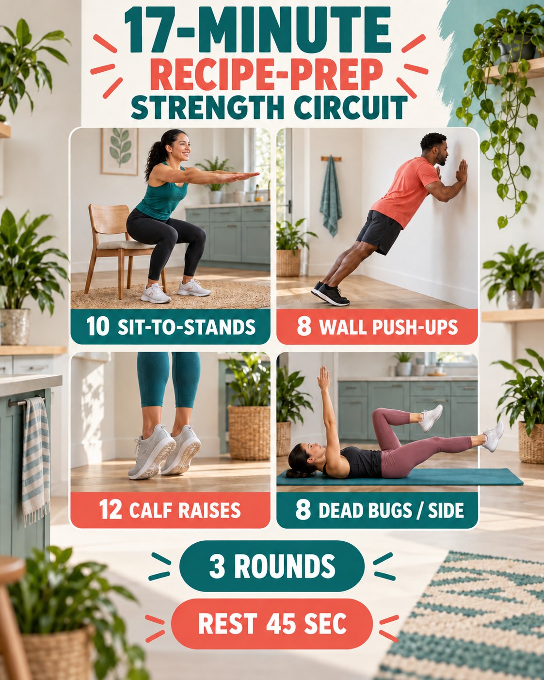 17-minute recipe-prep strength circuit with four illustrated bodyweight exercises
