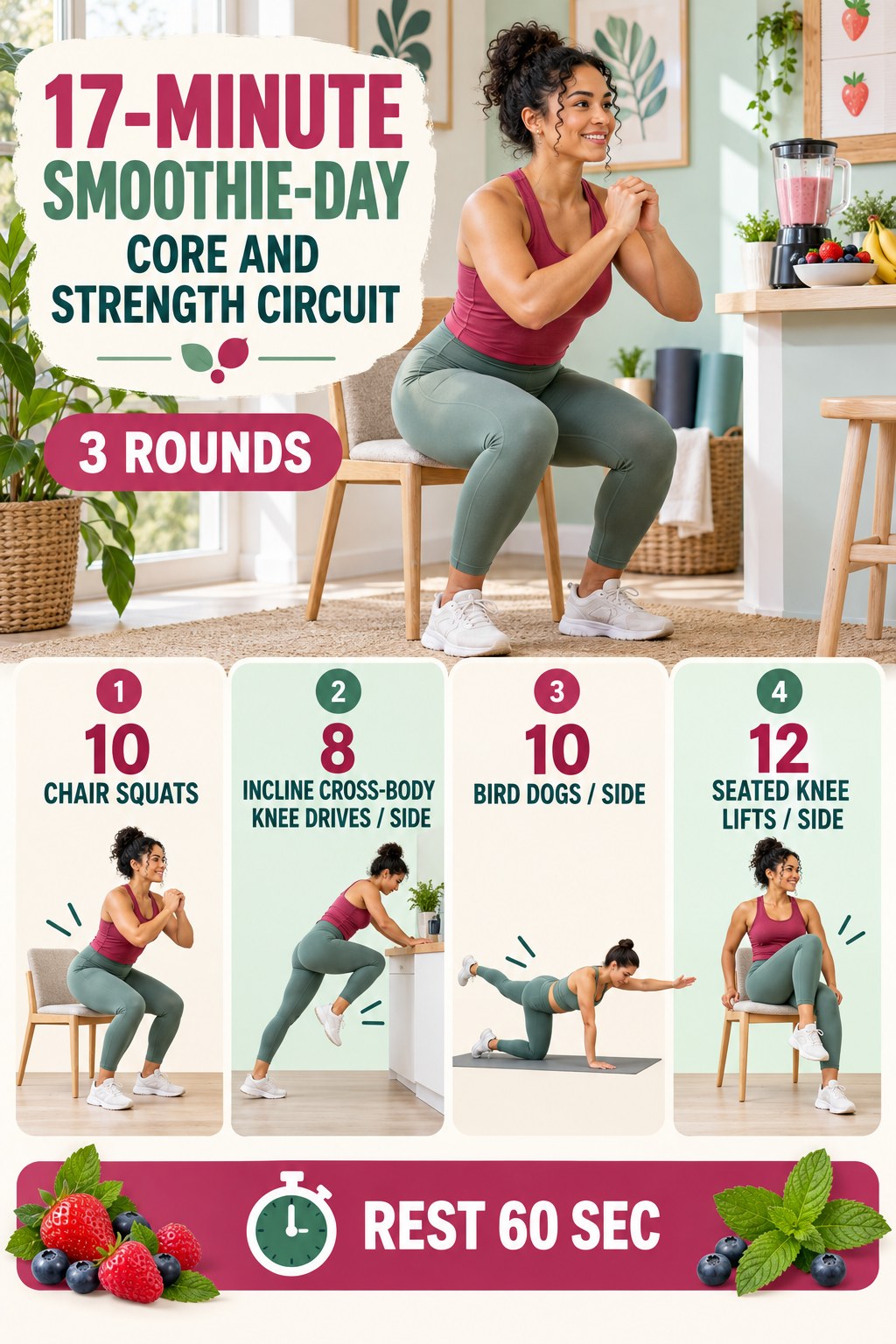 Woman doing a chair squat beside a 17-minute smoothie-day core and strength circuit infographic.