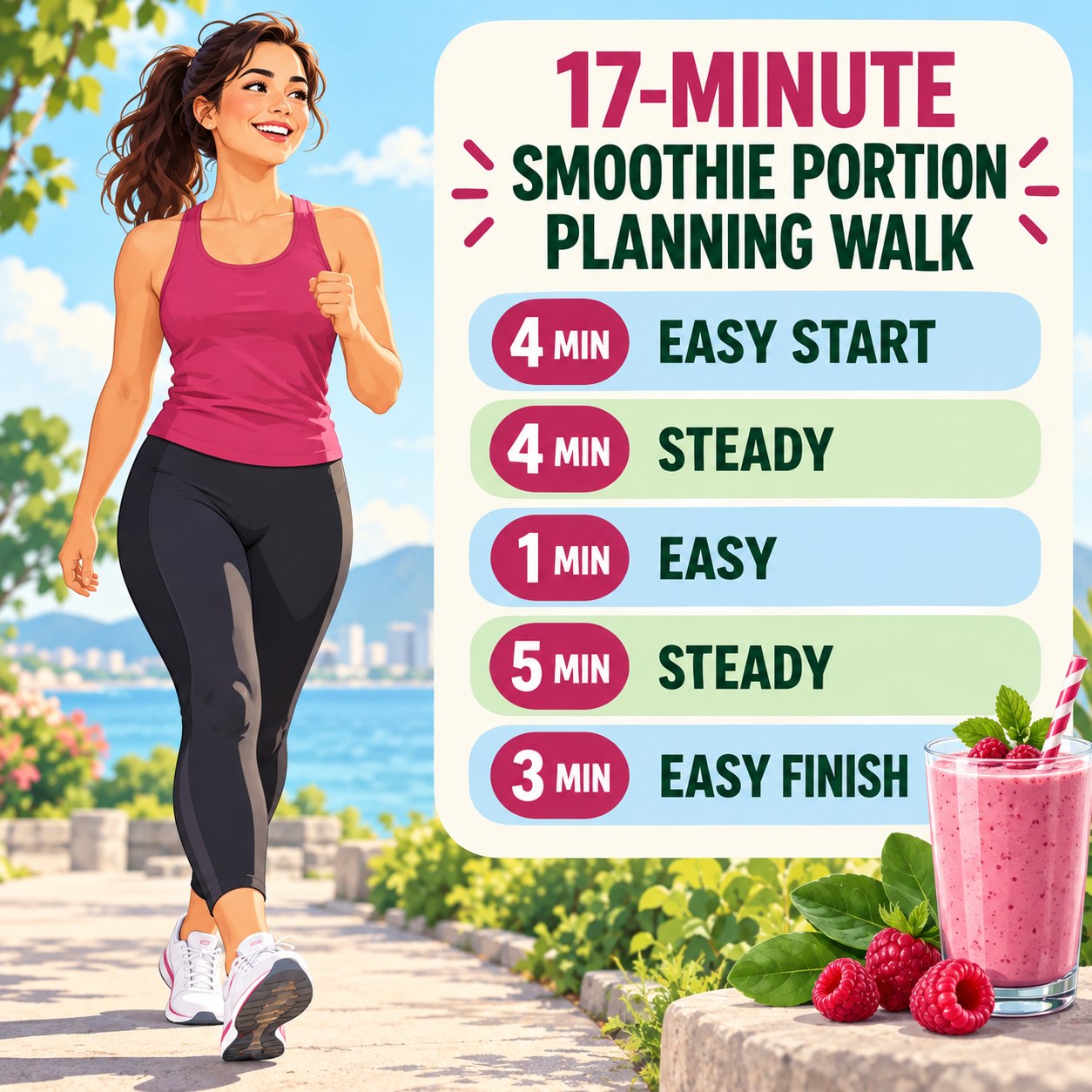 17-minute smoothie portion planning walking routine with steady blocks and easy recovery