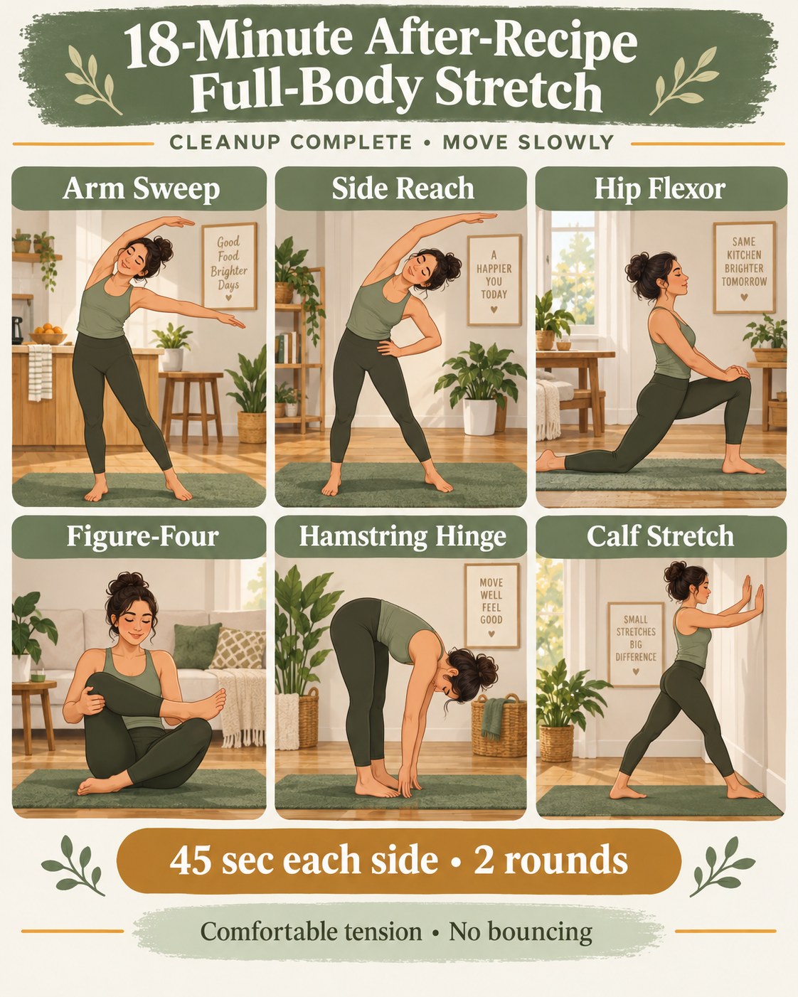 18-minute after-recipe full-body stretch infographic with six gentle positions