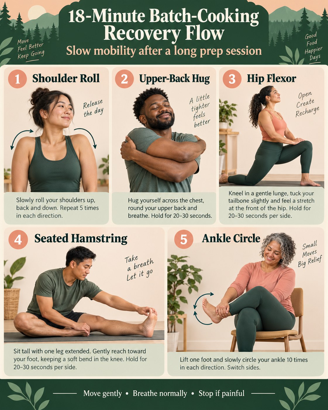 18-Minute Batch-Cooking Recovery Flow infographic demonstrating shoulder rolls, upper-back hug, hip flexor, seated hamstring, and ankle circles