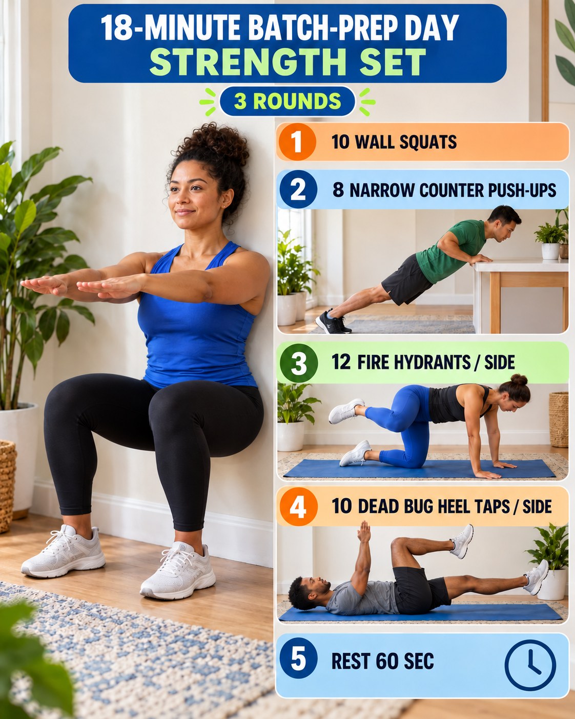 Woman holding a wall squat beside an 18-minute batch-prep day strength set infographic.