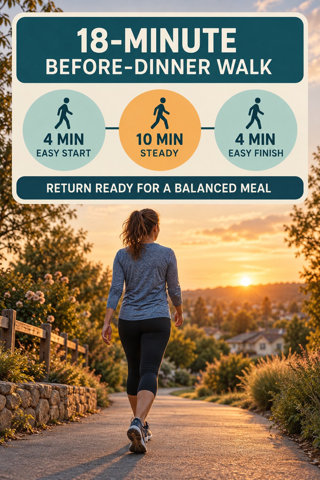18-minute before-dinner walking routine with easy start, steady middle and easy finish