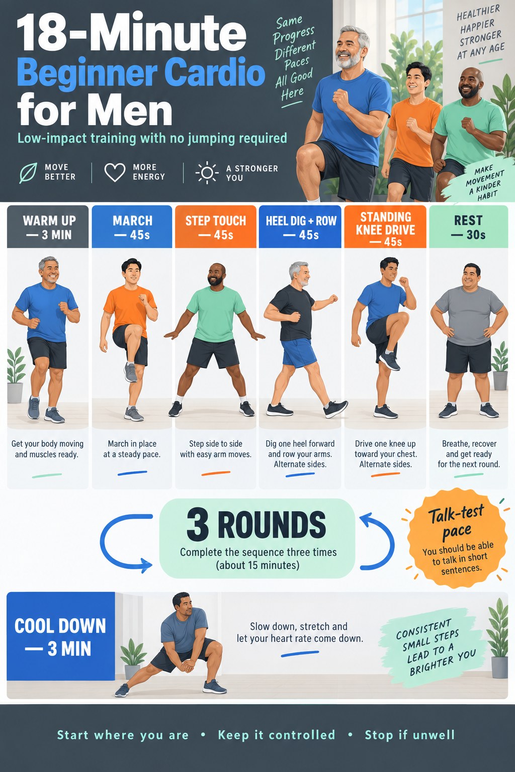 Beginner cardio infographic for men showing marching, step touches, heel digs with rows, standing knee drives, rest, three rounds, and a cool-down.