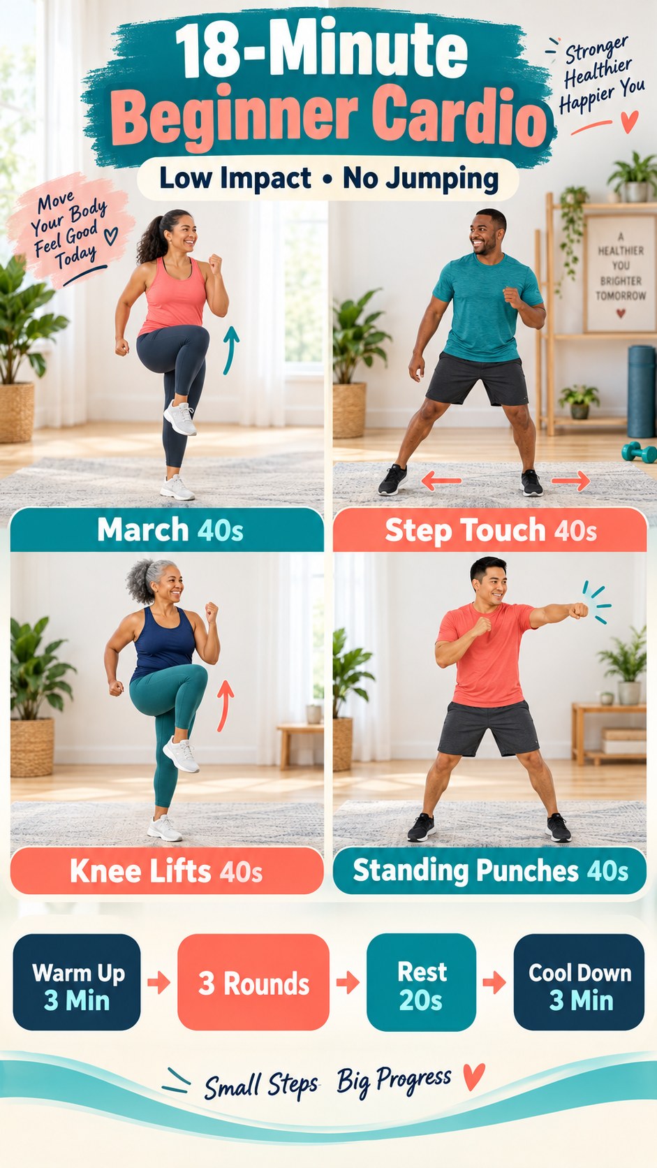 Beginner low-impact cardio infographic showing marching, step touches, knee lifts, and standing punches.