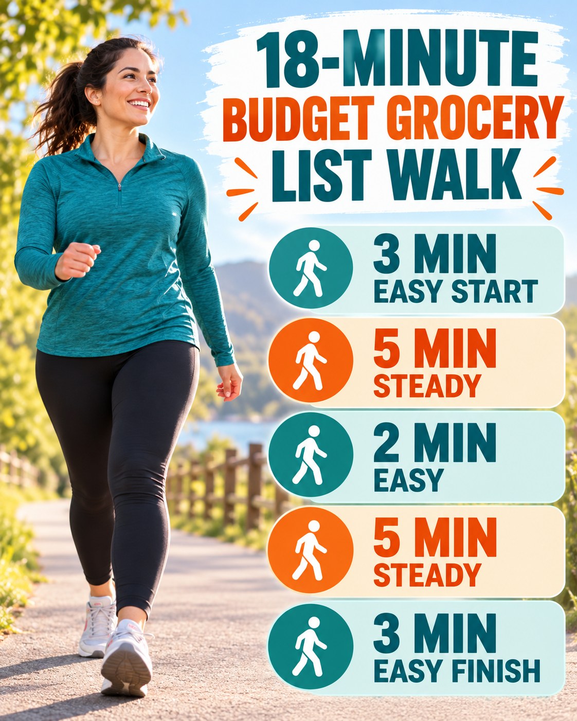 18-minute budget grocery list walking routine with steady pace blocks and easy recovery